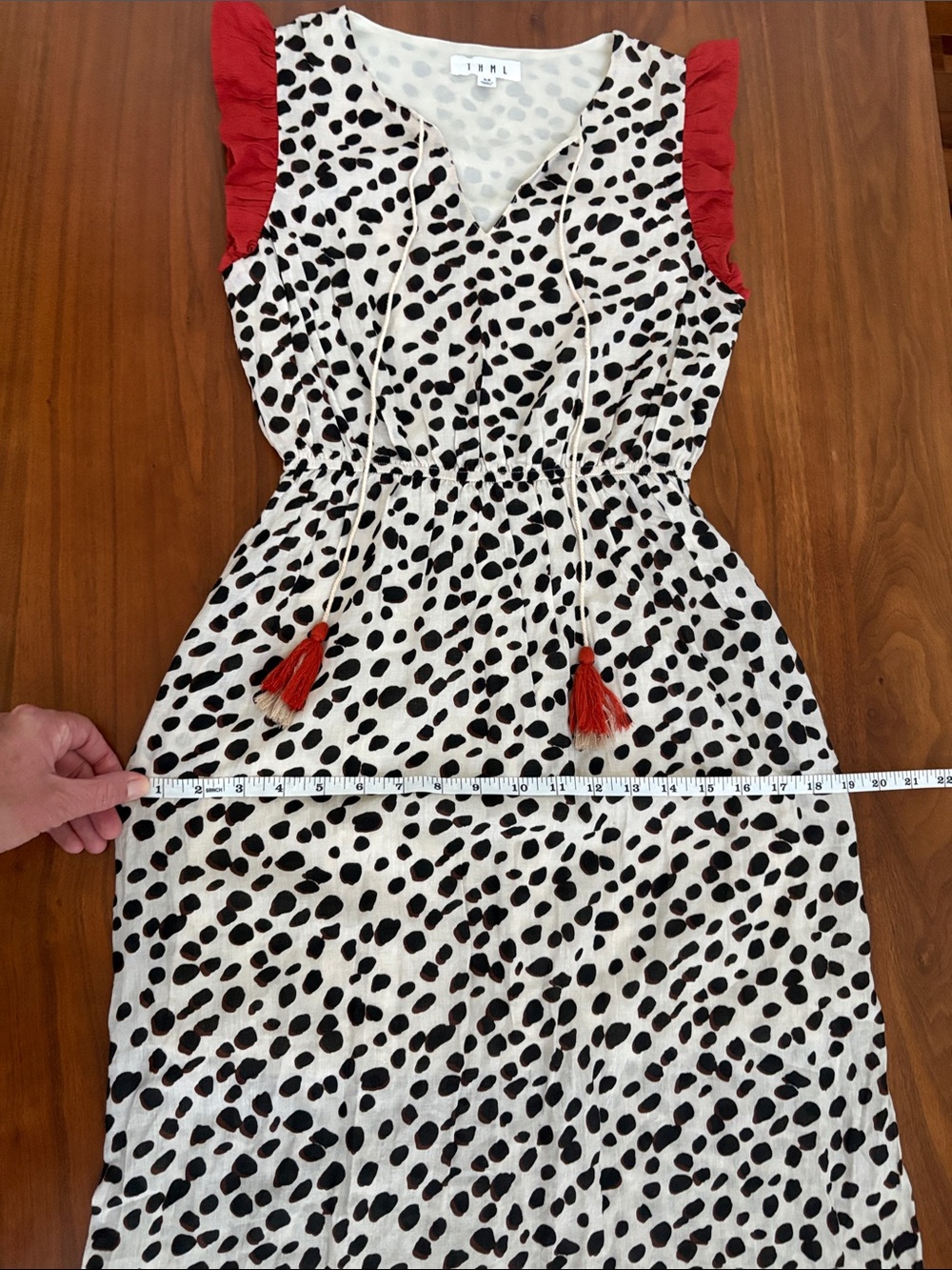 THML Boutique Dalmatian Print Midi Dress with Red Ruffle Trim Tassel Tie Size XS - Picture 6 of 9